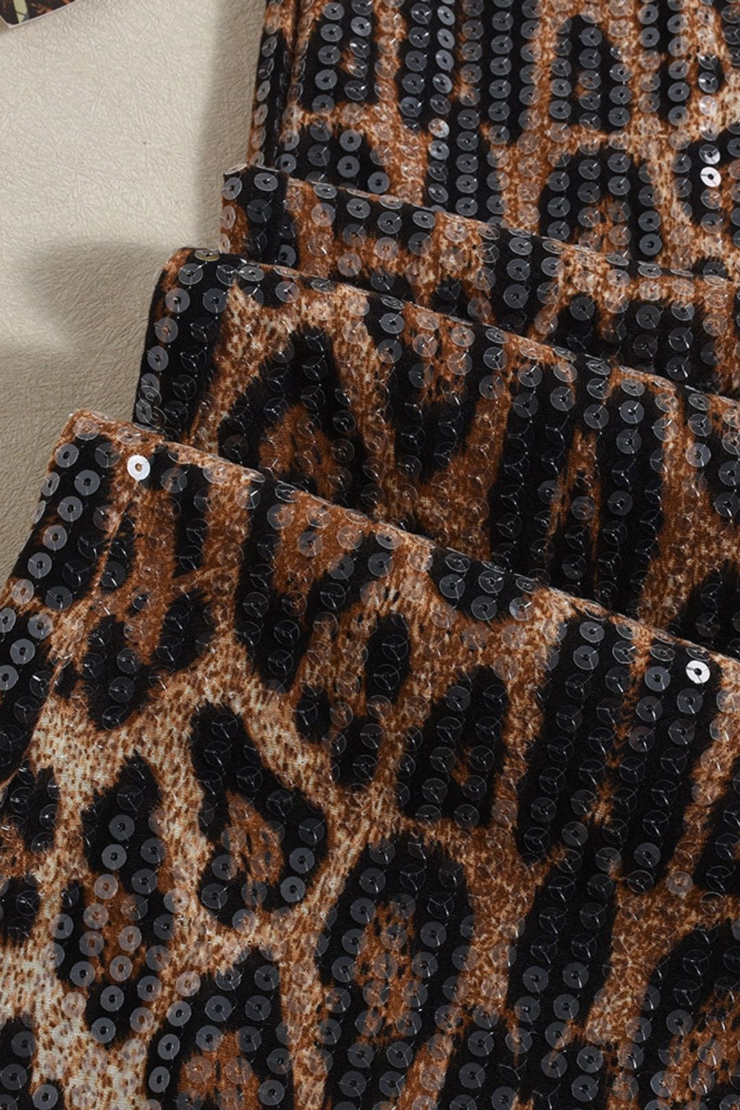 Leopard Print Sequins Stitching Double Layer Lining Elastic Skirt