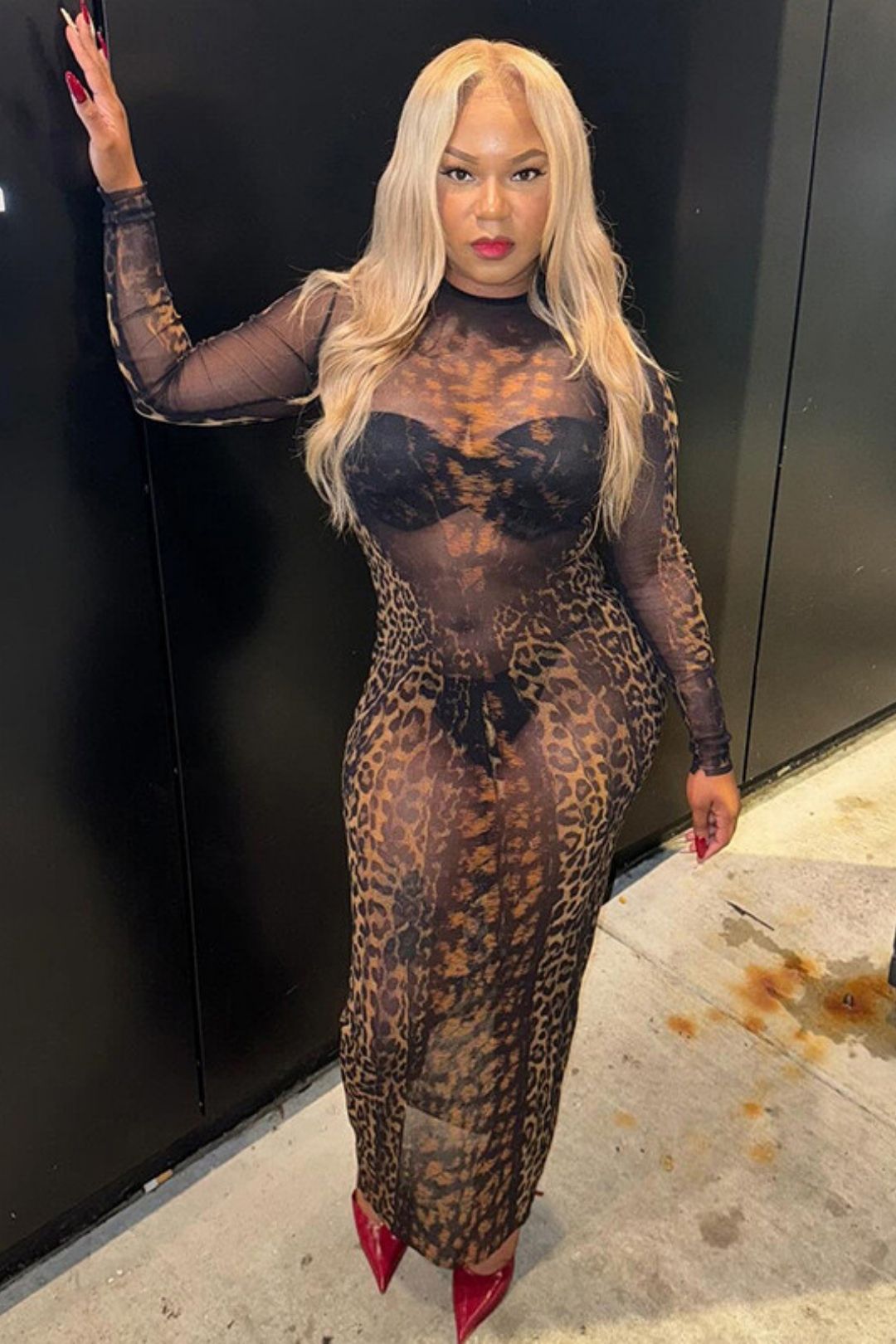 Sexy Hot Girl Mesh See-through Leopard Print Long-sleeved Dress