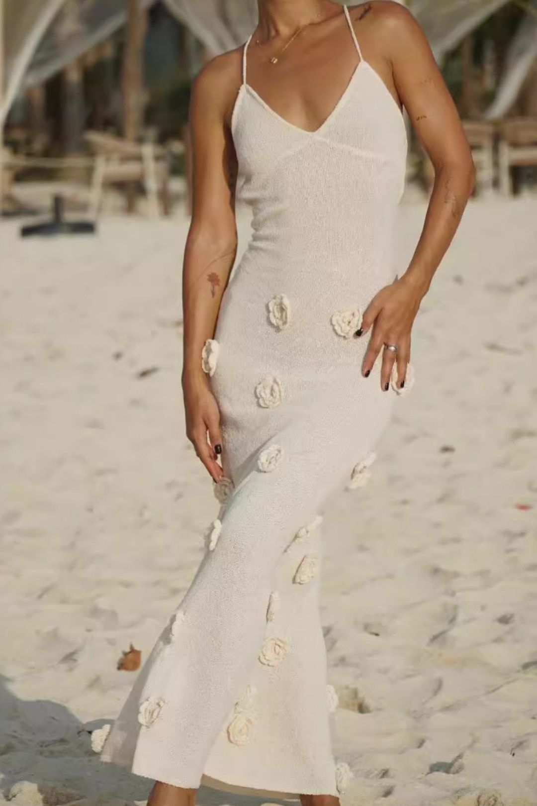 Sexy Dress Three-dimensional Flower Knitted Backless Lace-up Hip-wrapped Long Skirt