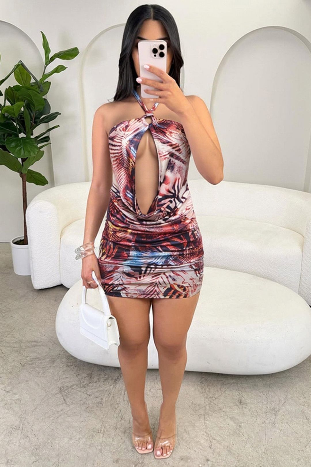 Printing Sleeveless Halter Neck Backpack Hip Dress