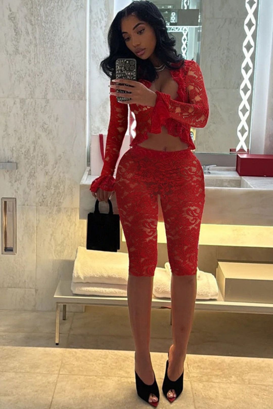 Sexy Lace See-through Long-sleeved Top Shorts Suit
