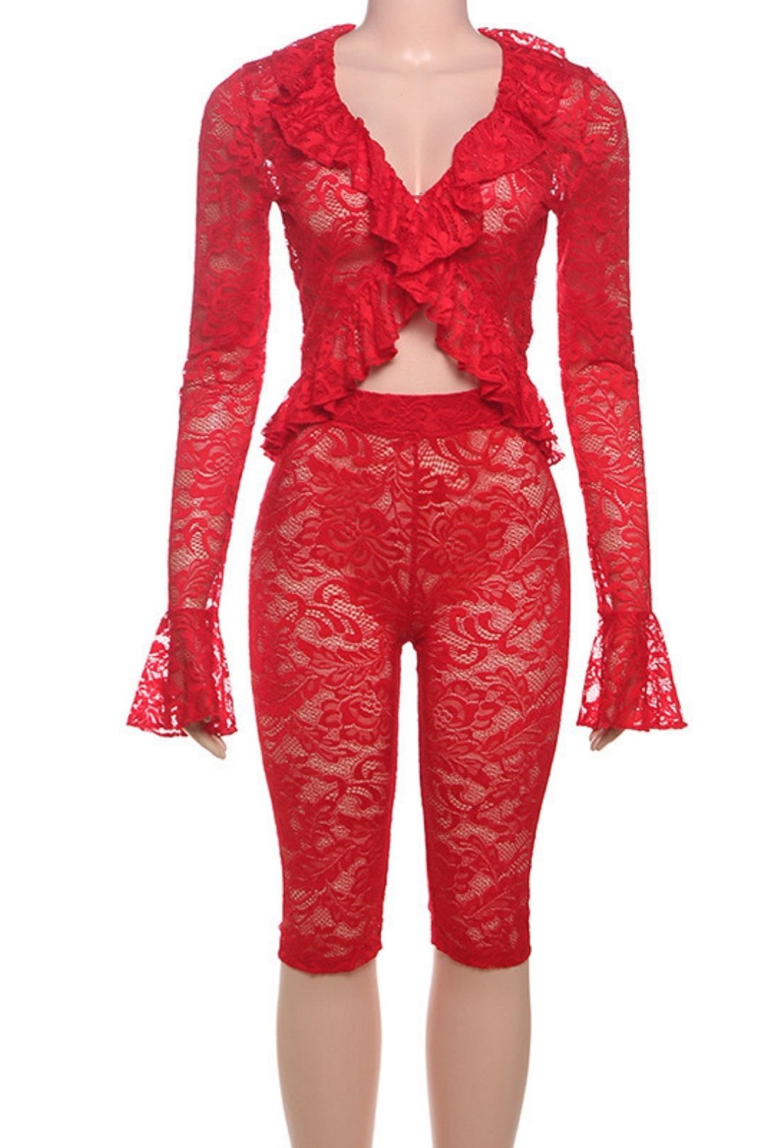 Sexy Lace See-through Long-sleeved Top Shorts Suit