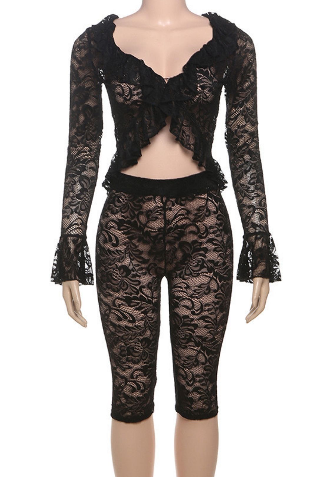 Sexy Lace See-through Long-sleeved Top Shorts Suit