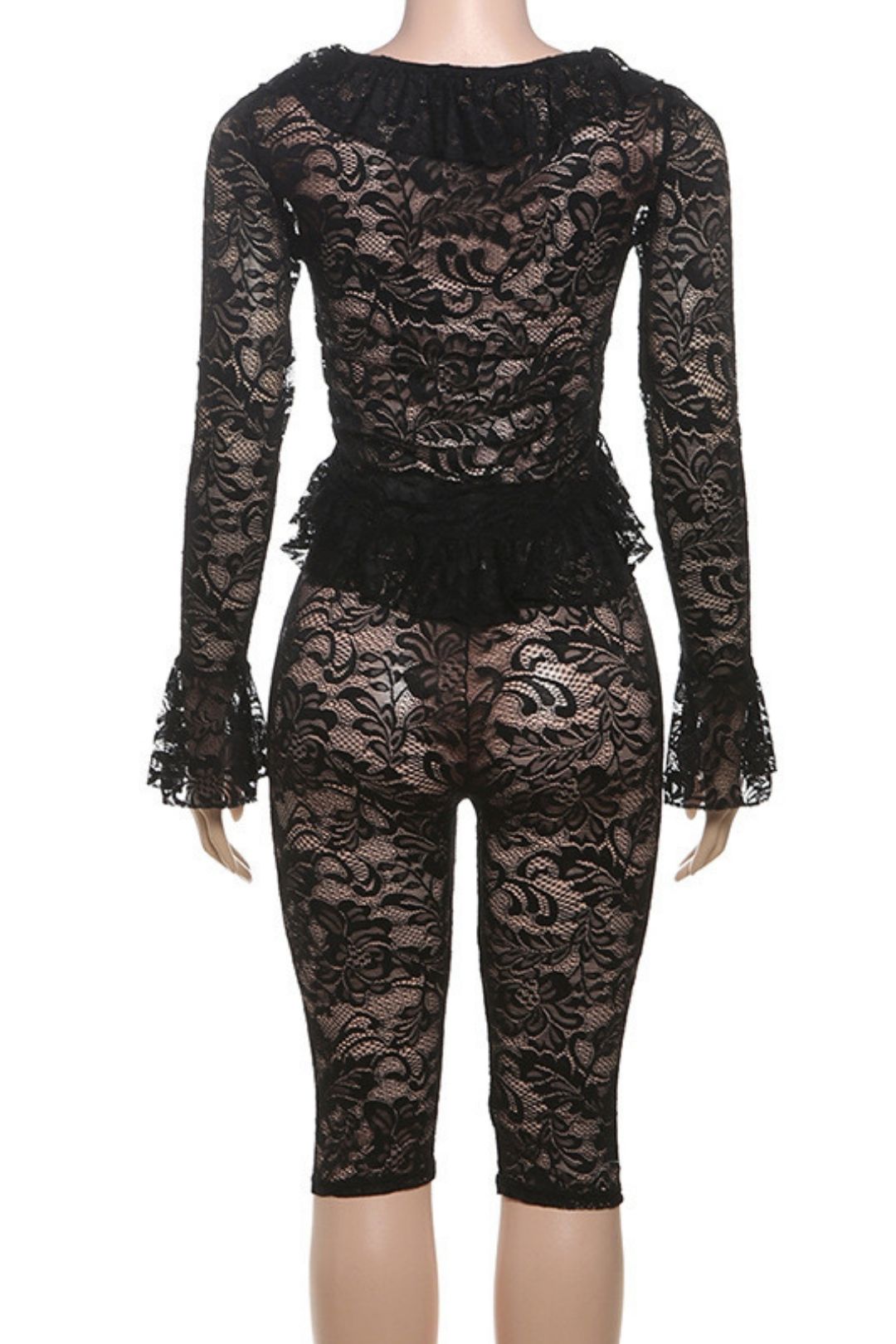 Sexy Lace See-through Long-sleeved Top Shorts Suit