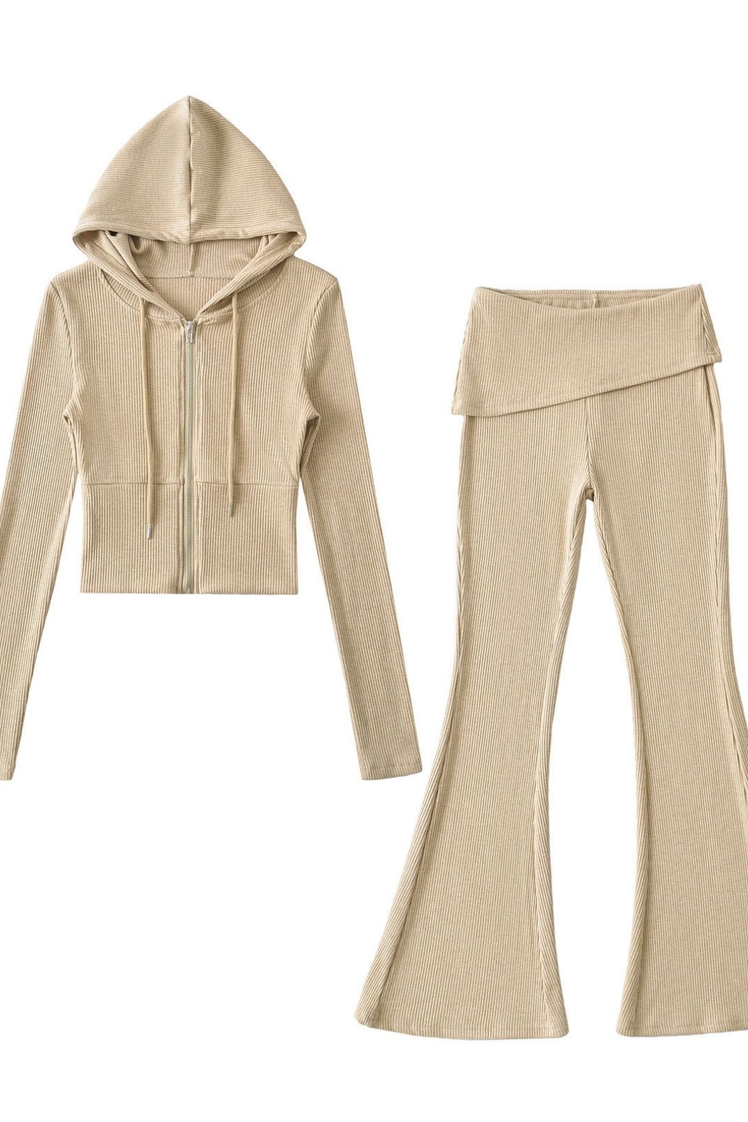 Short Long-sleeved Top With Cuffs, Slim Fit, Flared Trousers, Knitted Suit