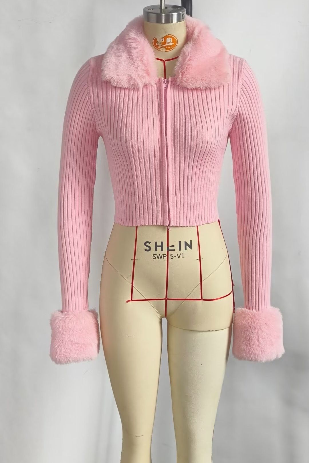 Pink Fluffy Cuffs Zipper Outer Wear Sweater