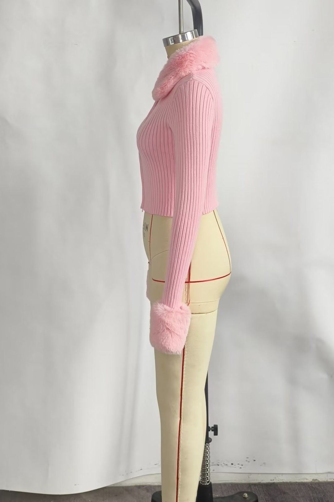 Pink Fluffy Cuffs Zipper Outer Wear Sweater