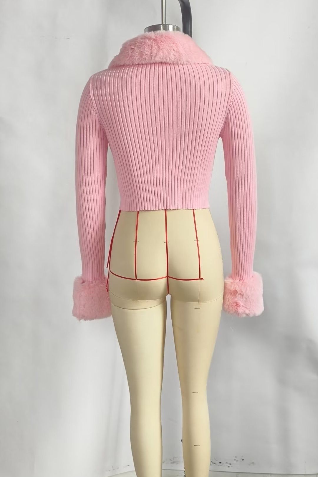 Pink Fluffy Cuffs Zipper Outer Wear Sweater