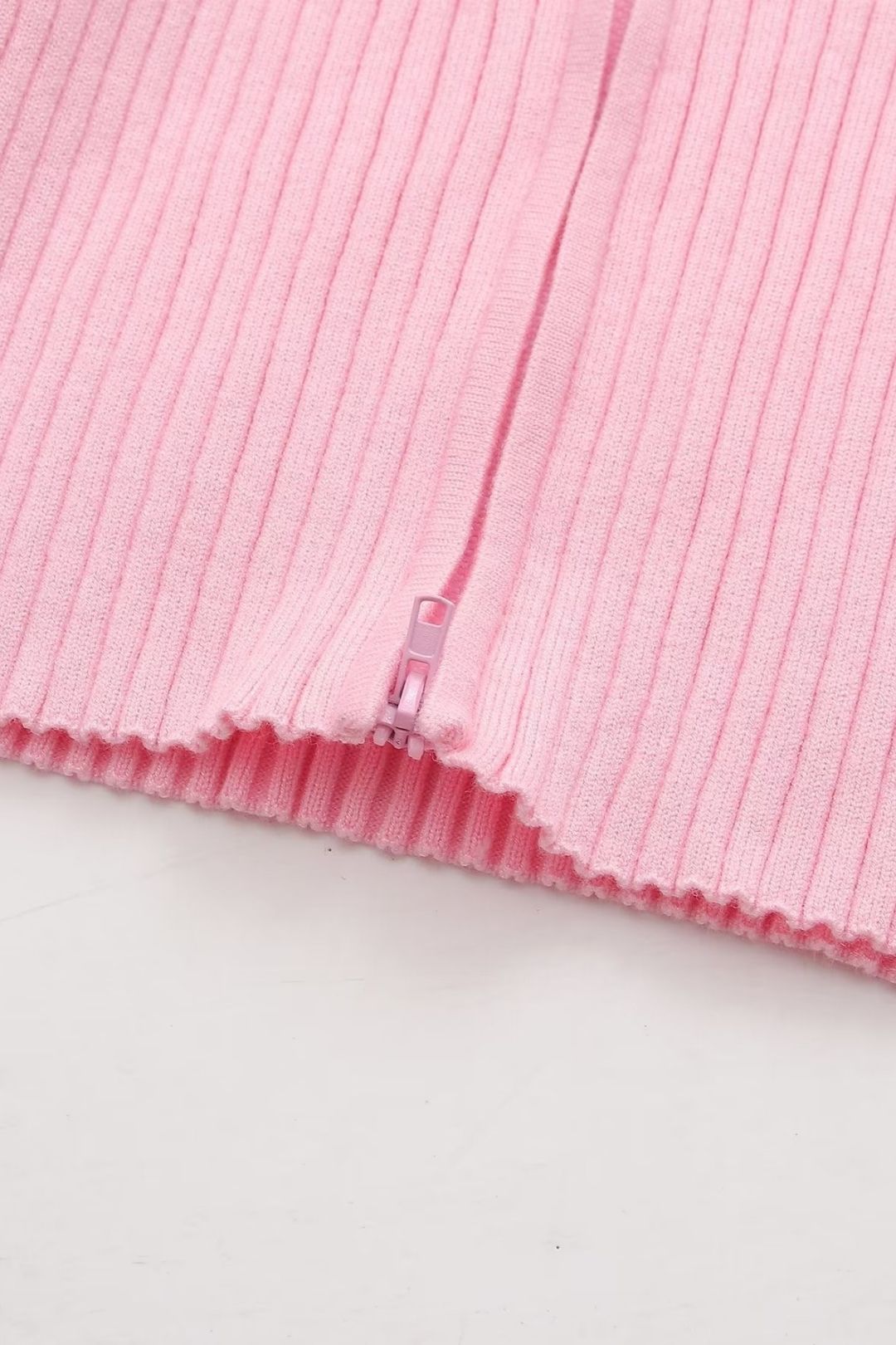 Pink Fluffy Cuffs Zipper Outer Wear Sweater