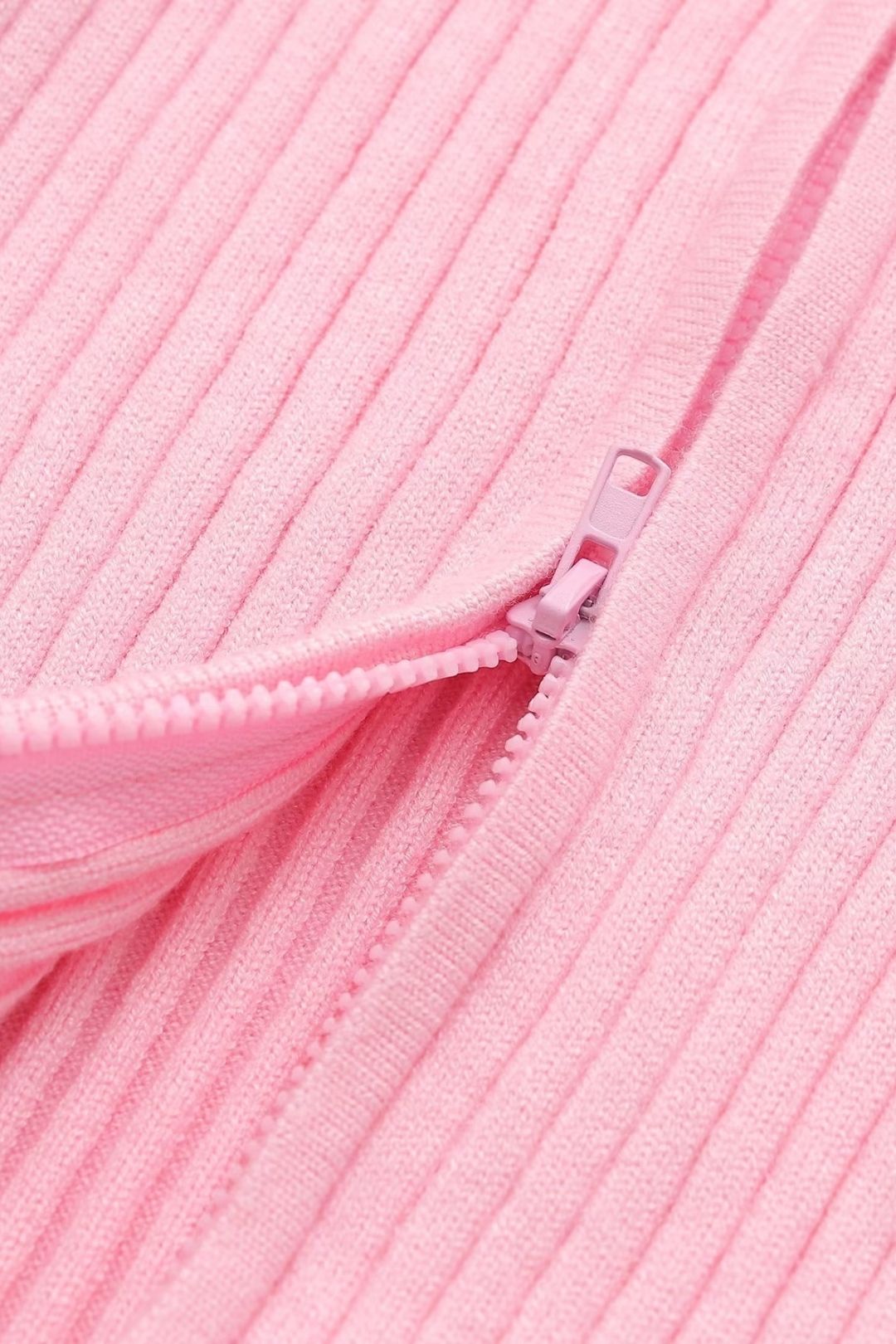 Pink Fluffy Cuffs Zipper Outer Wear Sweater