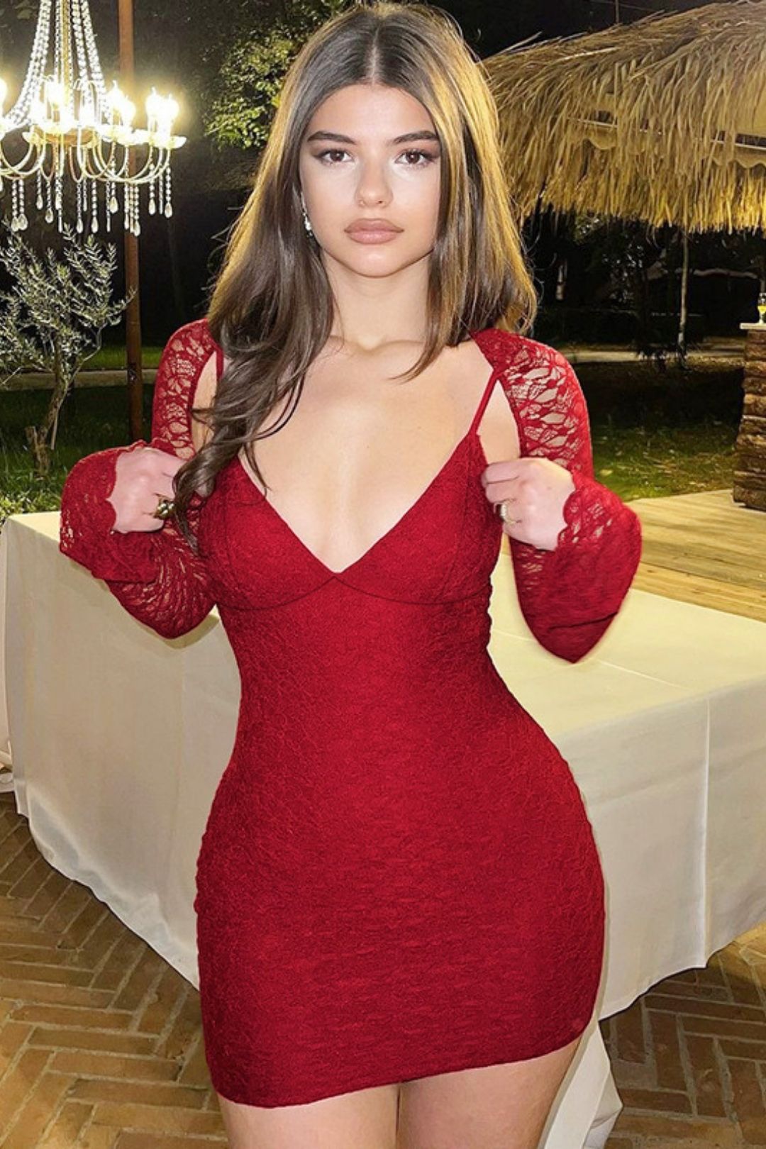 Sexy Lace Patchwork Suspender V-neck Celebrity Style Dress