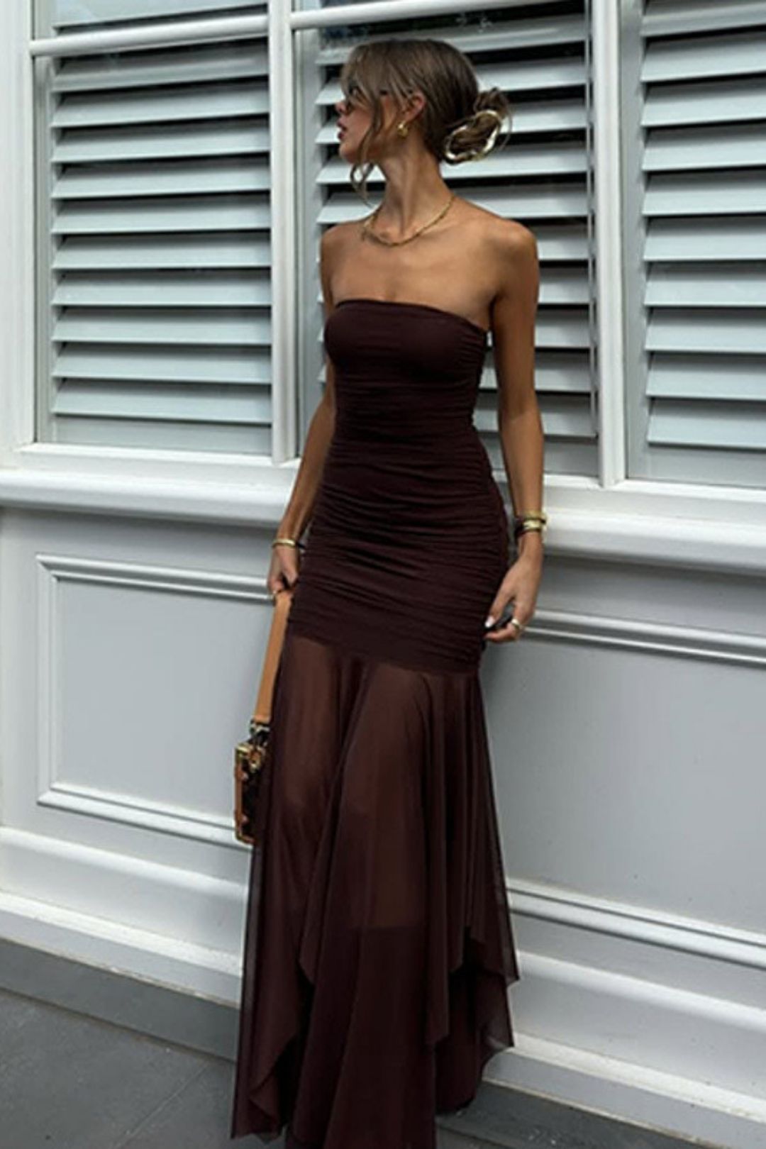 Sexy Tube Top Sleeveless Pleated Slim Stitching Mesh Long Dress