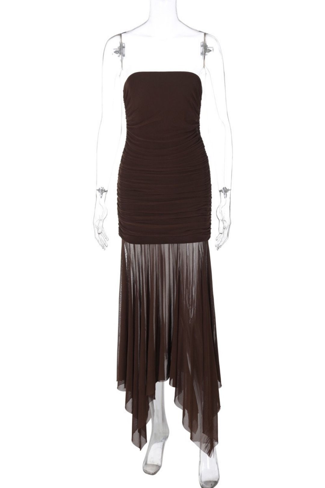 Sexy Tube Top Sleeveless Pleated Slim Stitching Mesh Long Dress