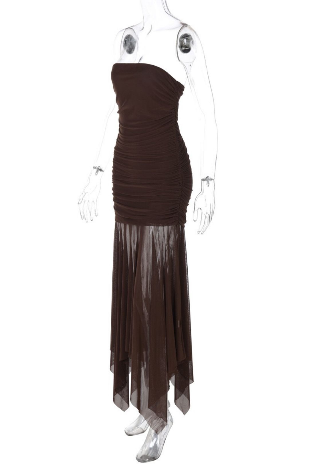 Sexy Tube Top Sleeveless Pleated Slim Stitching Mesh Long Dress