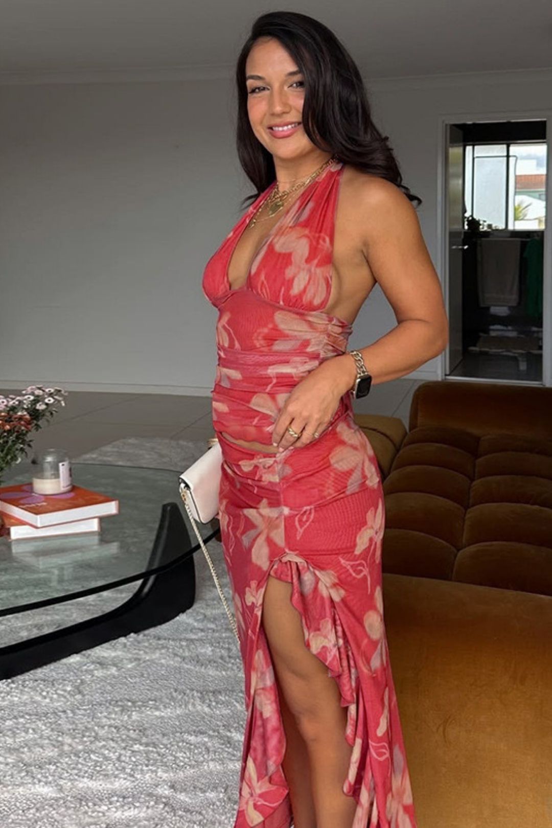 Sexy Deep V Wrap Chest Stitching Exposed Waist Long Wooden Ear Edge Halter Neck Dress