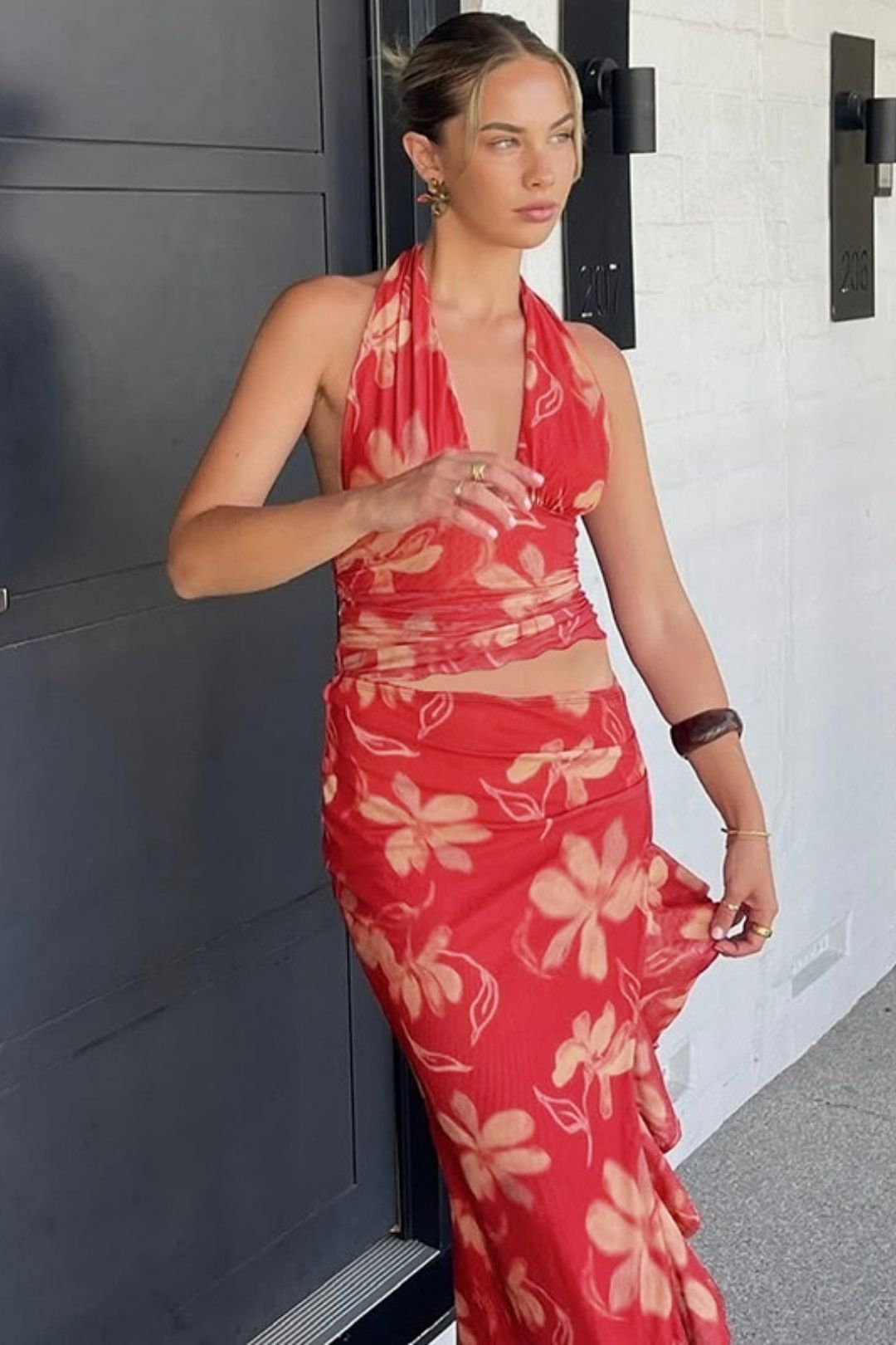 Sexy Deep V Wrap Chest Stitching Exposed Waist Long Wooden Ear Edge Halter Neck Dress