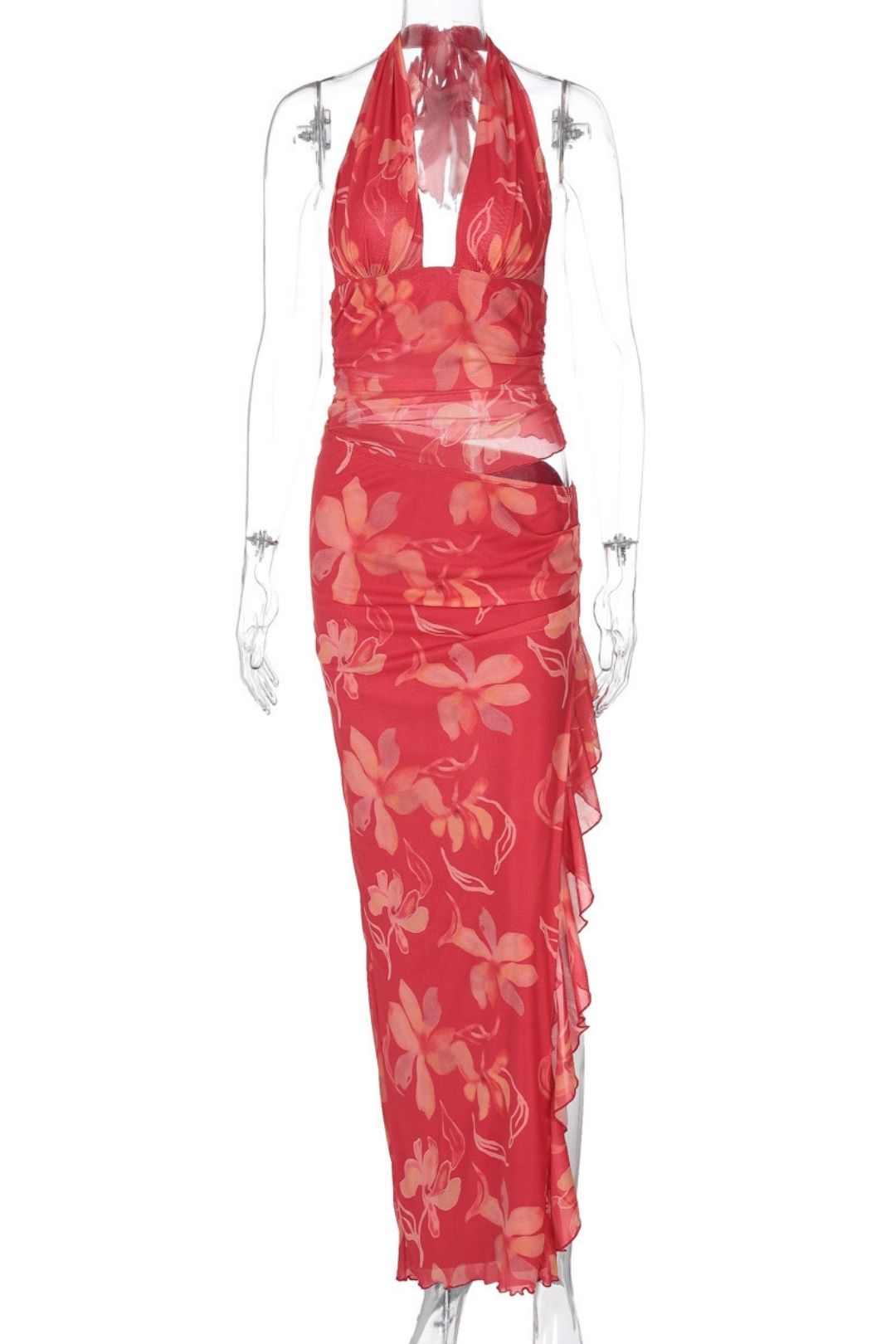 Sexy Deep V Wrap Chest Stitching Exposed Waist Long Wooden Ear Edge Halter Neck Dress