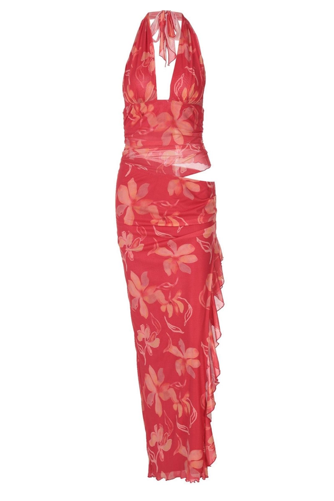 Sexy Deep V Wrap Chest Stitching Exposed Waist Long Wooden Ear Edge Halter Neck Dress