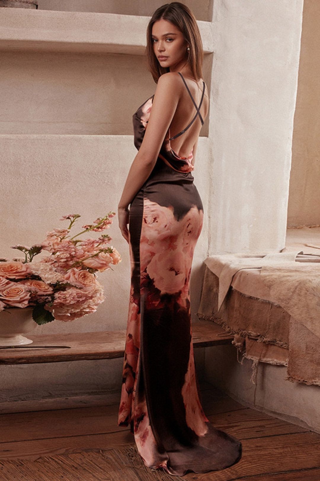 Long Sleeveless Printed Pleated Sexy Backless Lace-up Dress