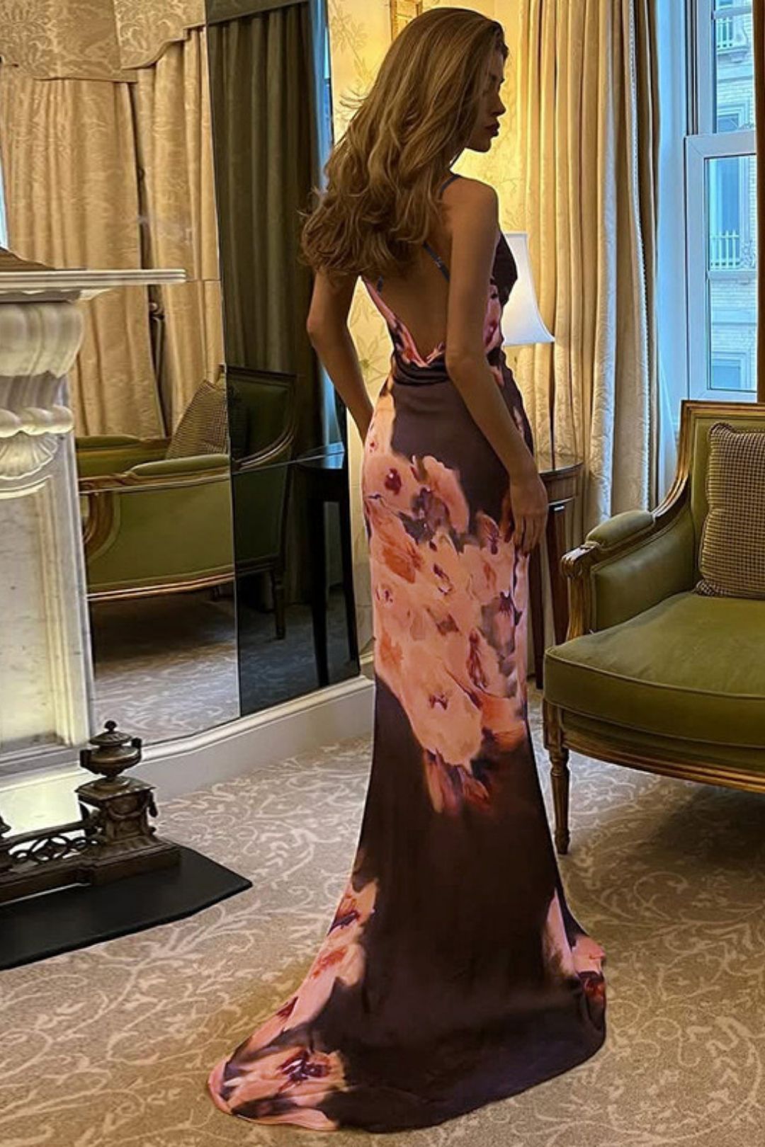 Long Sleeveless Printed Pleated Sexy Backless Lace-up Dress