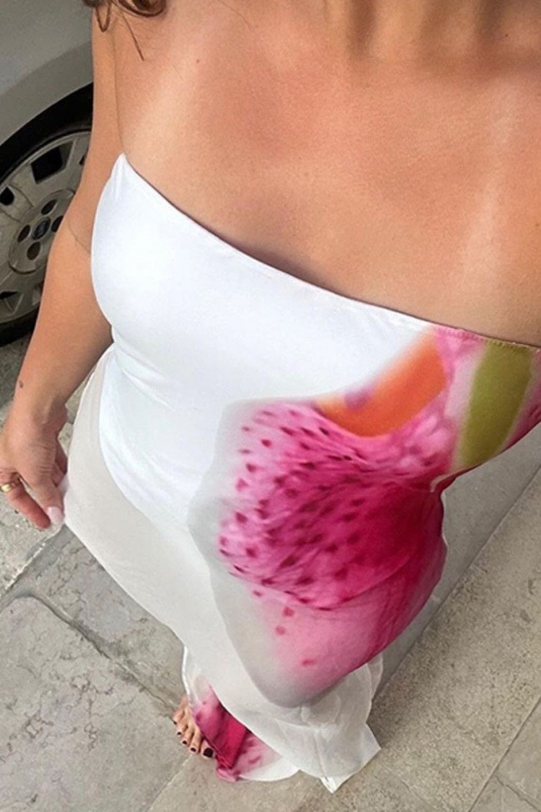 Summer Amazon Flower Print Tube Top Slit Slim Mesh Dress