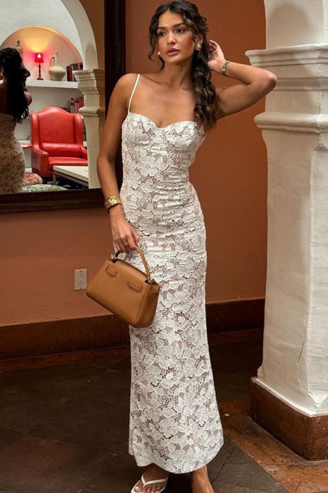 Sexy Lace Splicing Strap Backless Long Slim Suspender Dress