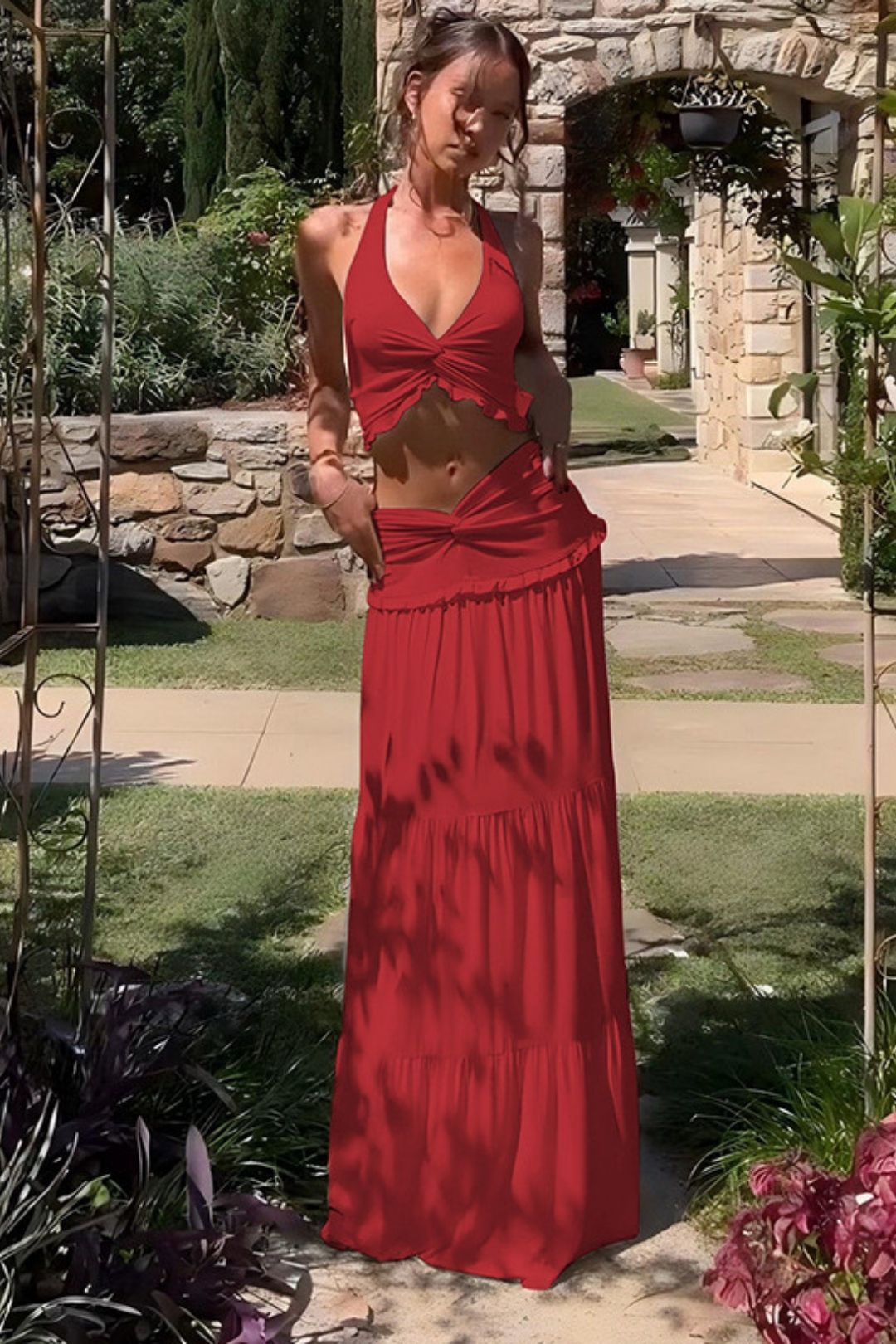 Sexy V-neck Wood Ear Edge Halter Neck Suspender Detail Twist Long Skirt Suit