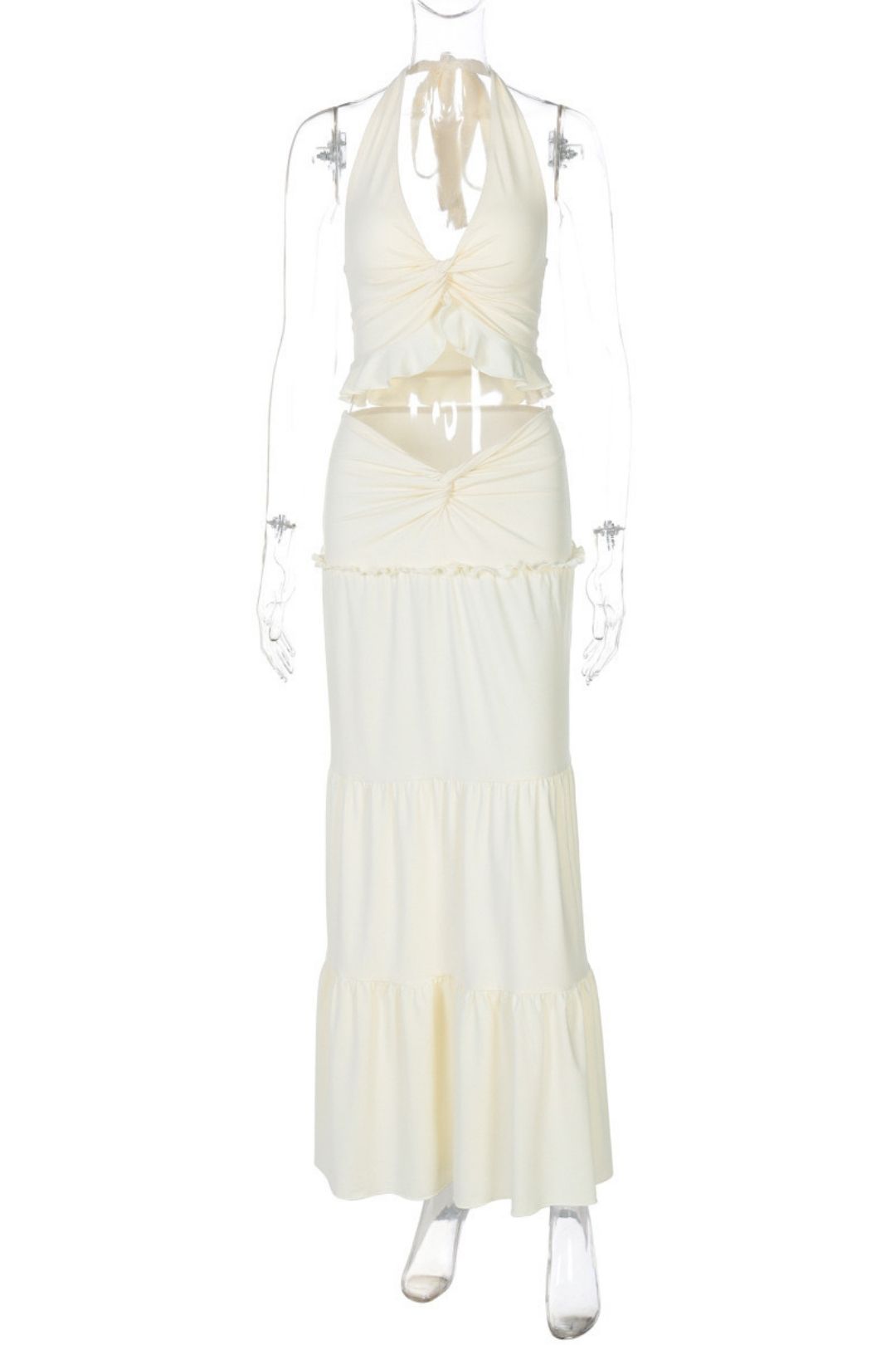 Sexy V-neck Wood Ear Edge Halter Neck Suspender Detail Twist Long Skirt Suit