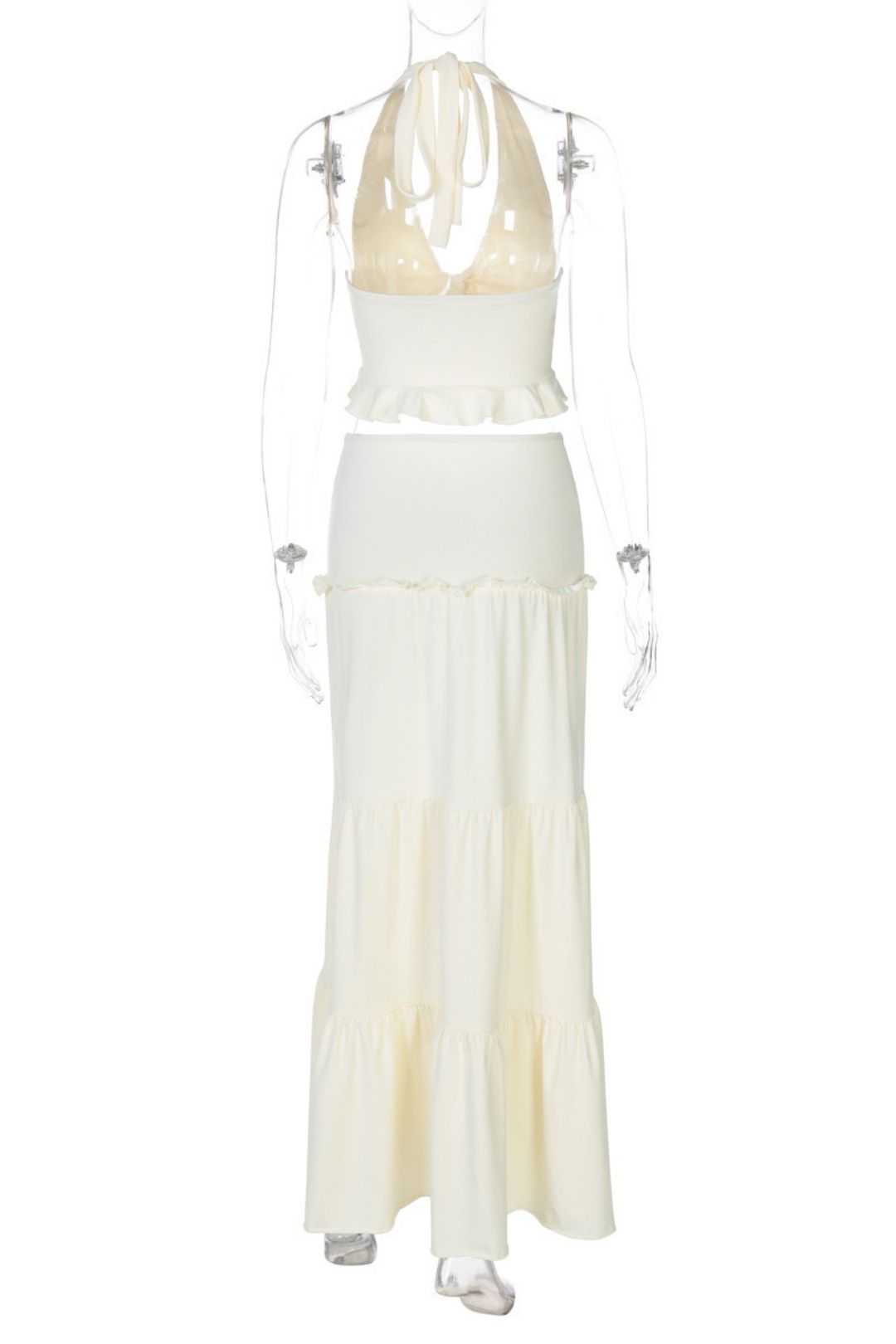 Sexy V-neck Wood Ear Edge Halter Neck Suspender Detail Twist Long Skirt Suit