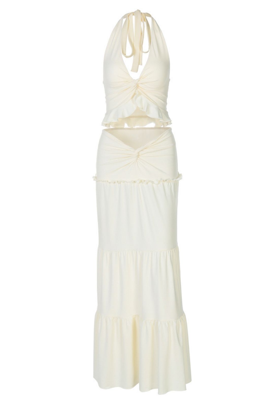 Sexy V-neck Wood Ear Edge Halter Neck Suspender Detail Twist Long Skirt Suit