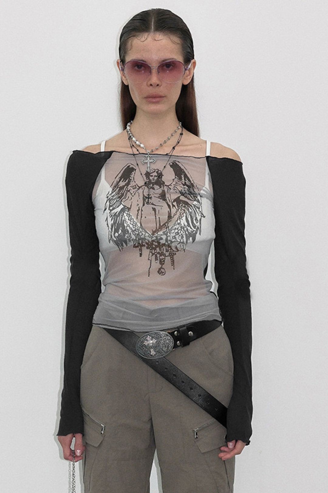 Sexy Hot Girl Style Mesh Knitted Stitching One-shoulder Neck Printed Transparent Top