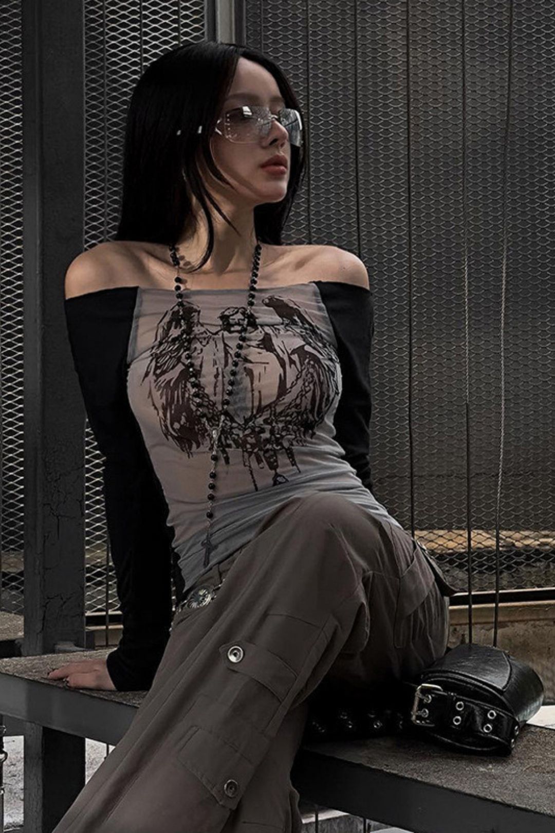 Sexy Hot Girl Style Mesh Knitted Stitching One-shoulder Neck Printed Transparent Top
