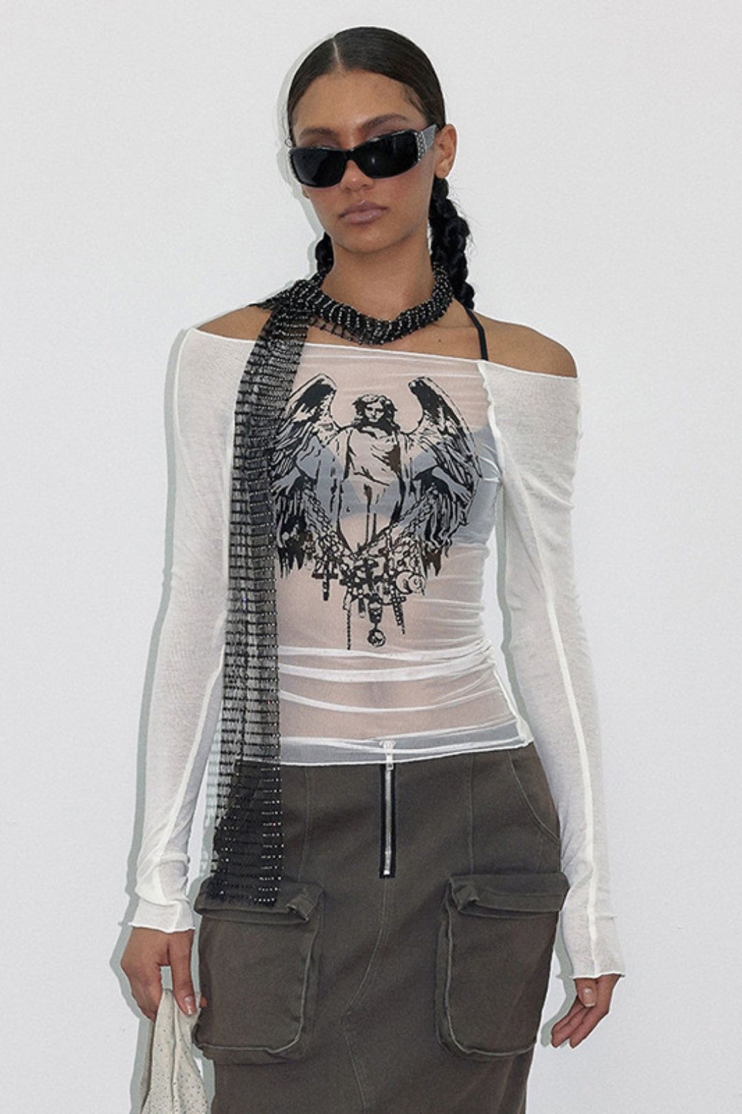 Sexy Hot Girl Style Mesh Knitted Stitching One-shoulder Neck Printed Transparent Top