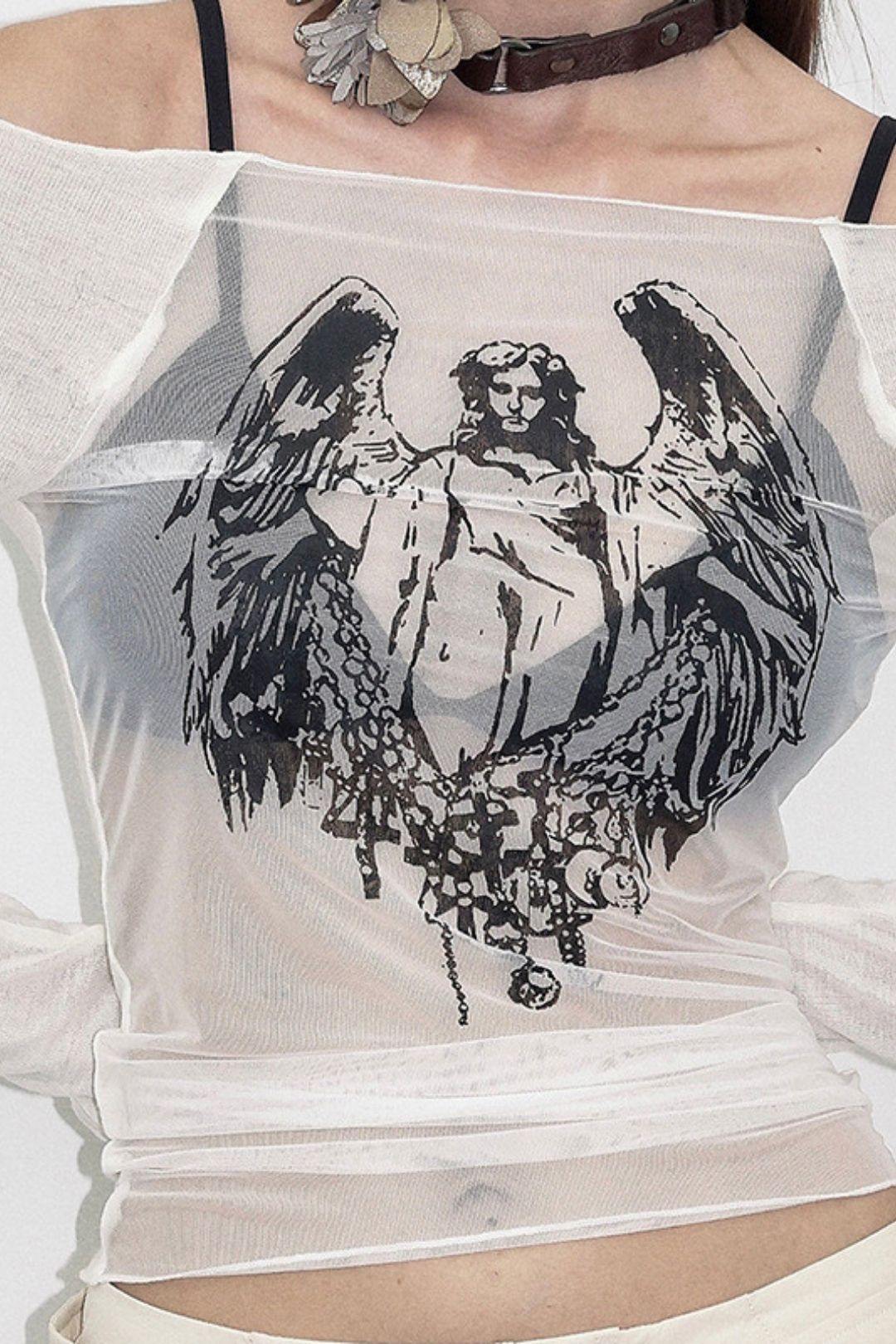 Sexy Hot Girl Style Mesh Knitted Stitching One-shoulder Neck Printed Transparent Top