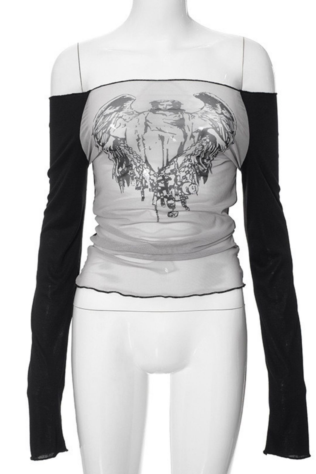 Sexy Hot Girl Style Mesh Knitted Stitching One-shoulder Neck Printed Transparent Top