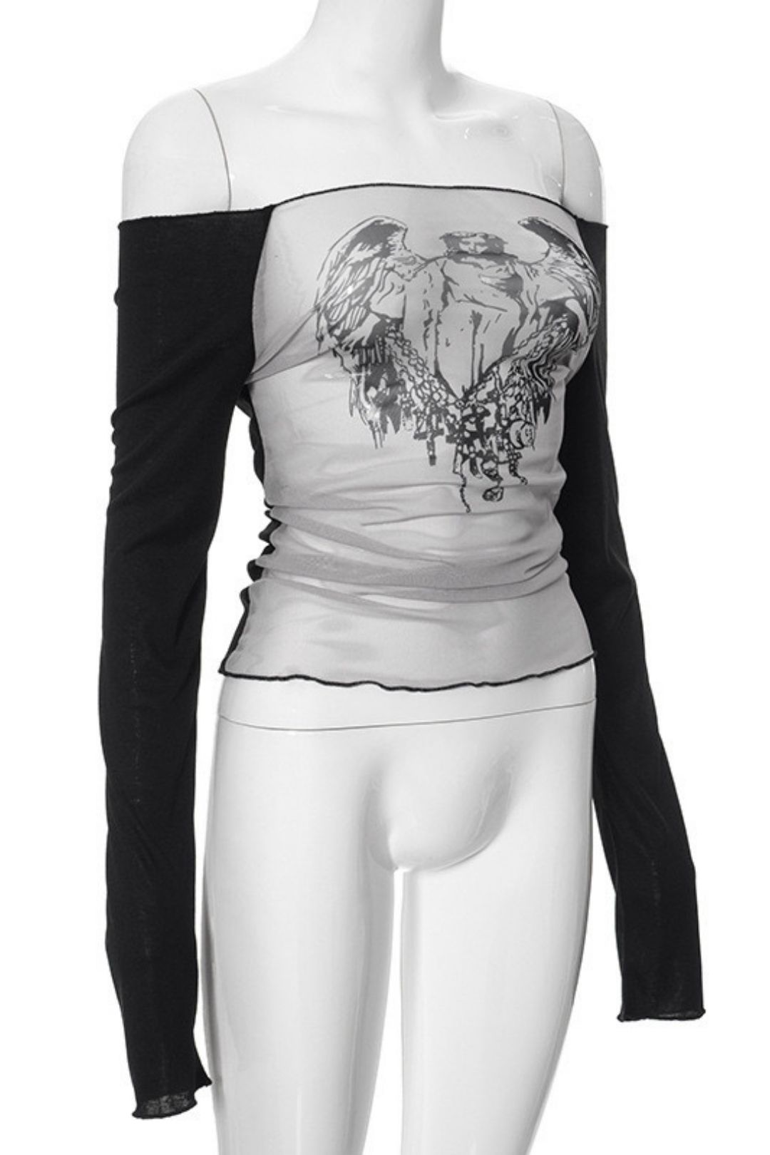 Sexy Hot Girl Style Mesh Knitted Stitching One-shoulder Neck Printed Transparent Top