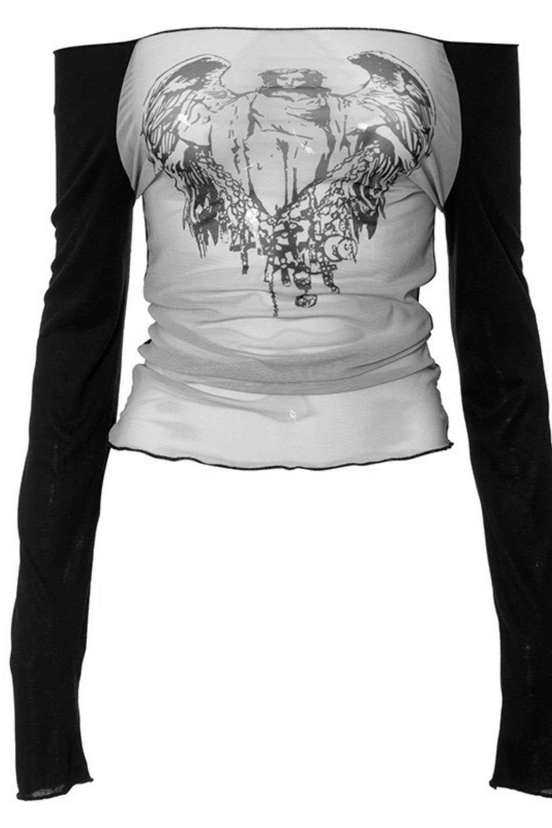 Sexy Hot Girl Style Mesh Knitted Stitching One-shoulder Neck Printed Transparent Top