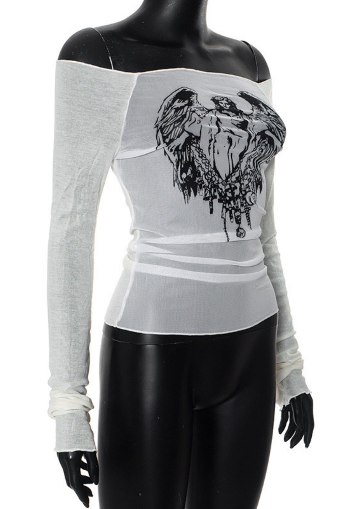 Sexy Hot Girl Style Mesh Knitted Stitching One-shoulder Neck Printed Transparent Top