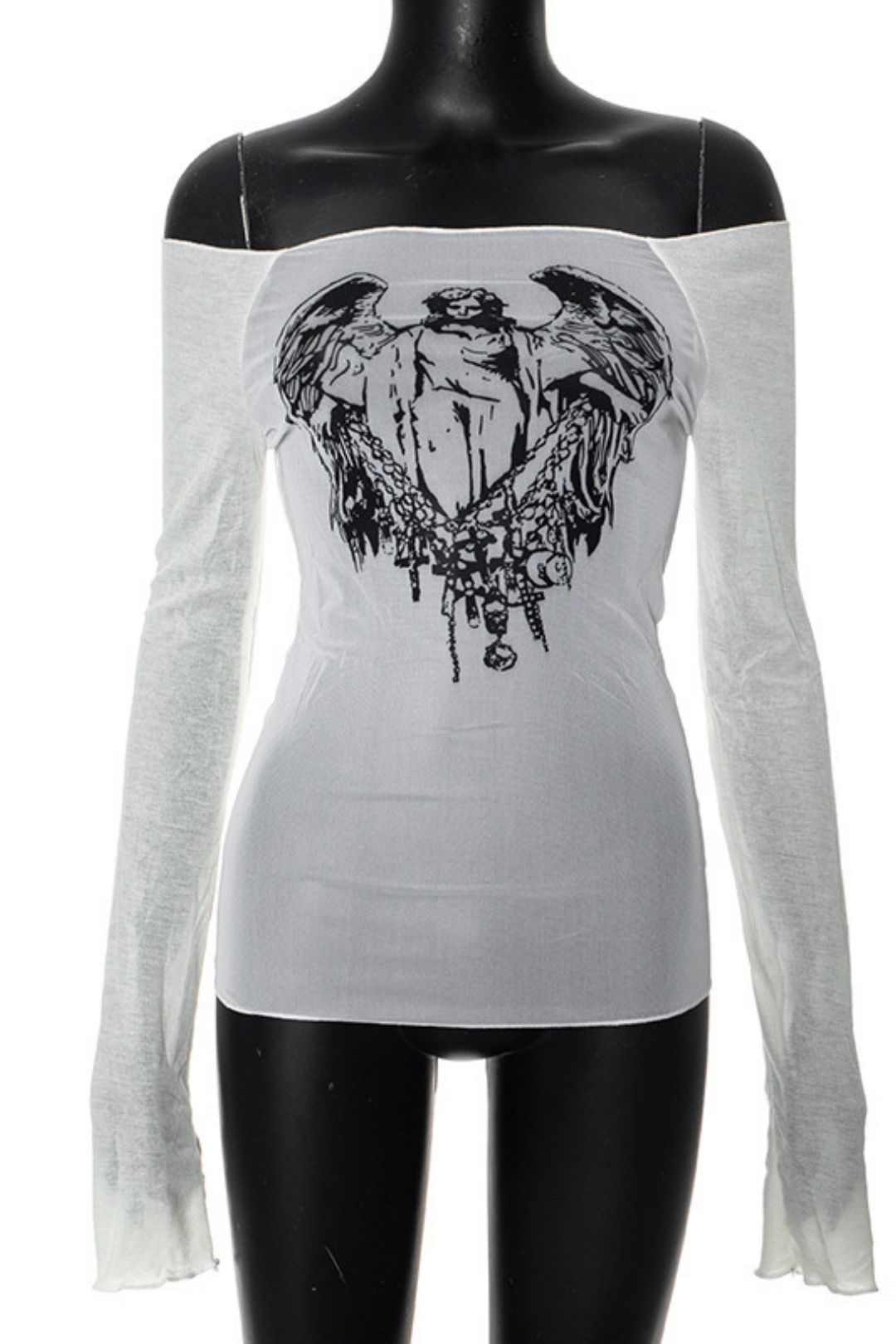 Sexy Hot Girl Style Mesh Knitted Stitching One-shoulder Neck Printed Transparent Top