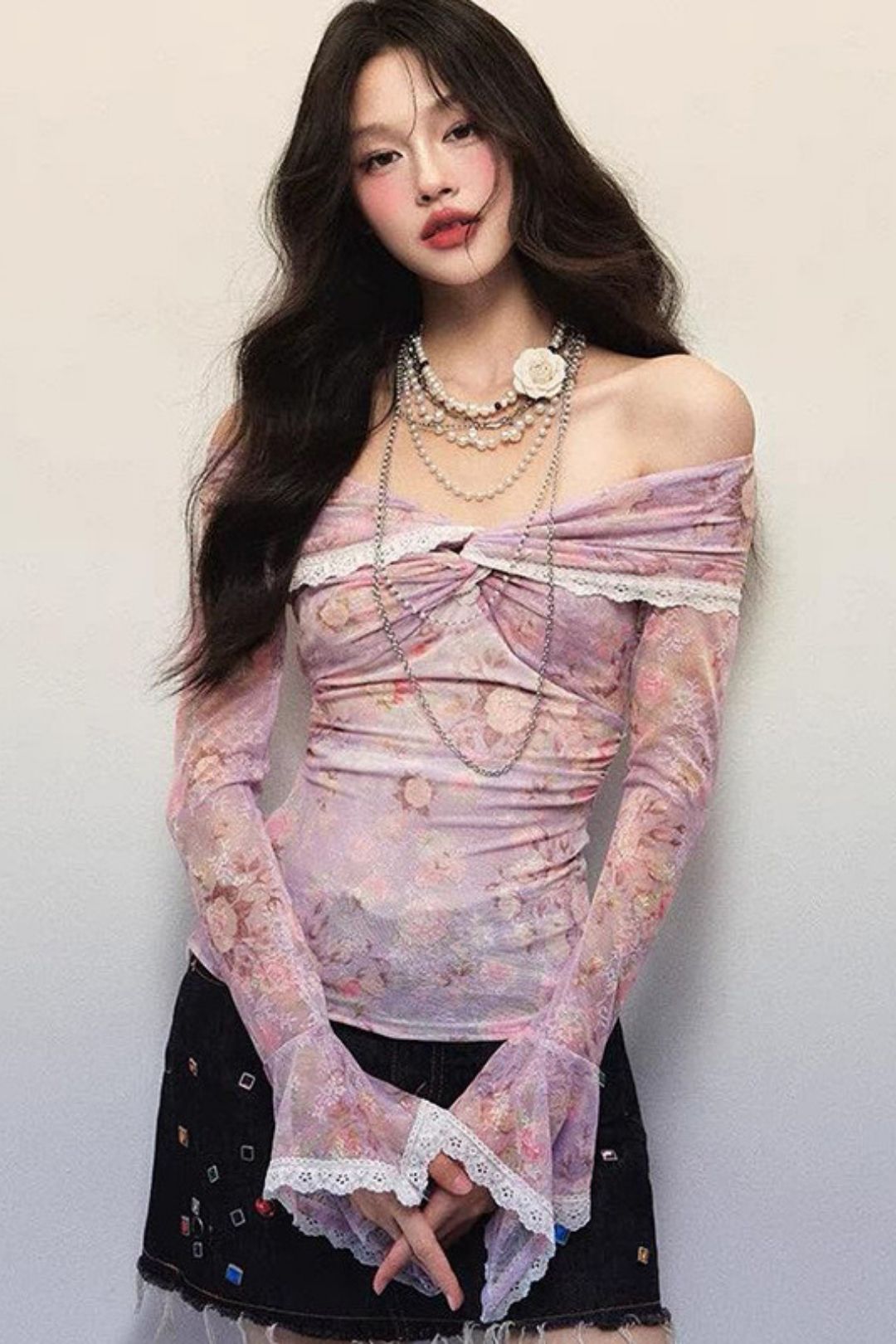 One-Shoulder Floral Print Ruffle Lace Mesh Long-Sleeved Top