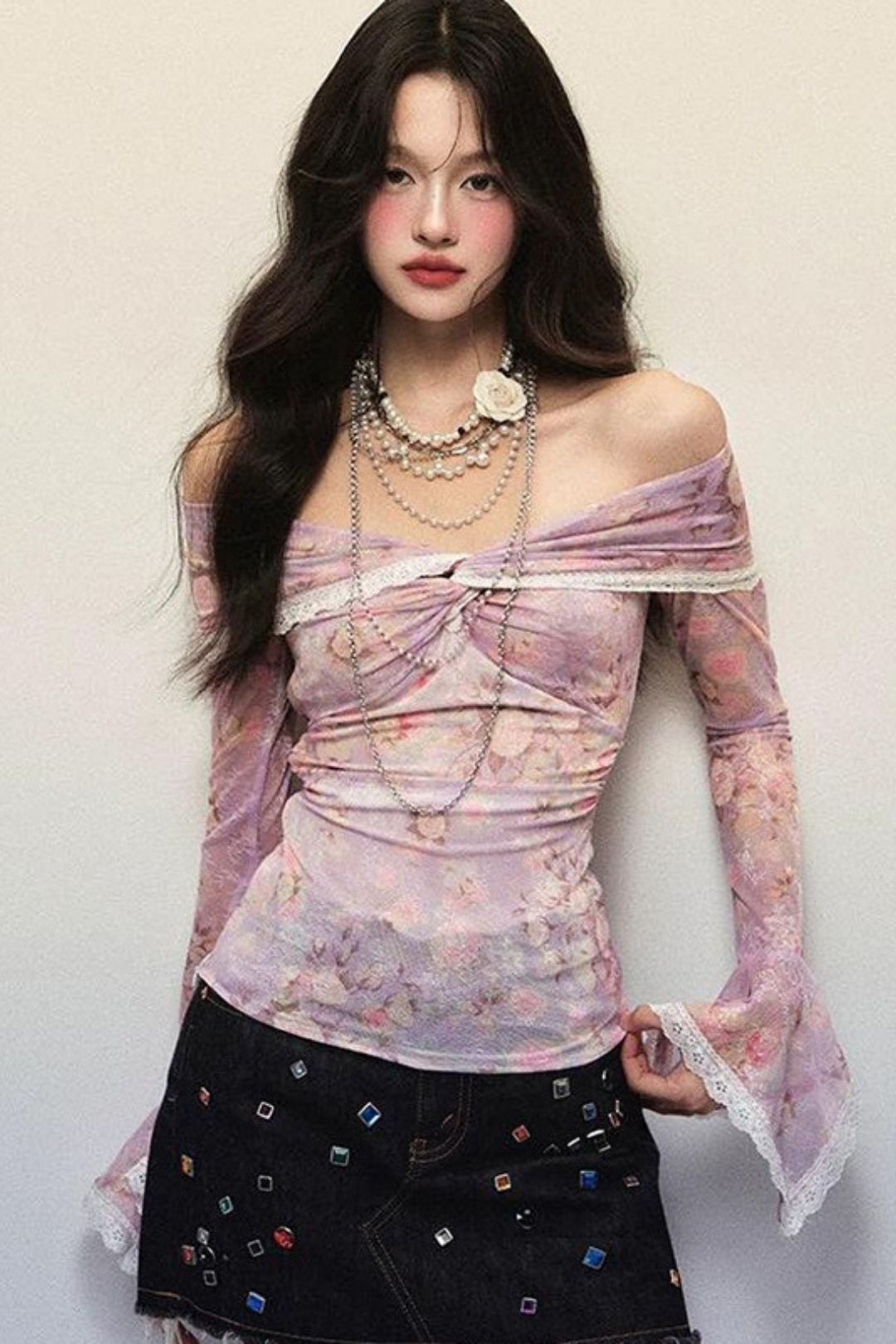 One-Shoulder Floral Print Ruffle Lace Mesh Long-Sleeved Top
