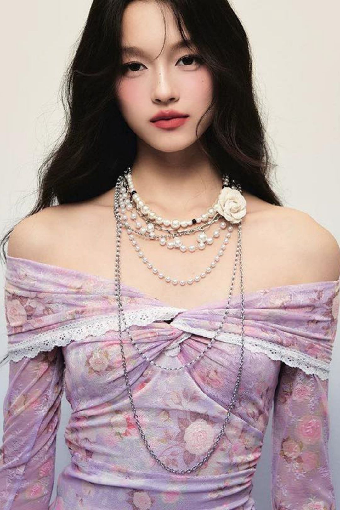 One-Shoulder Floral Print Ruffle Lace Mesh Long-Sleeved Top