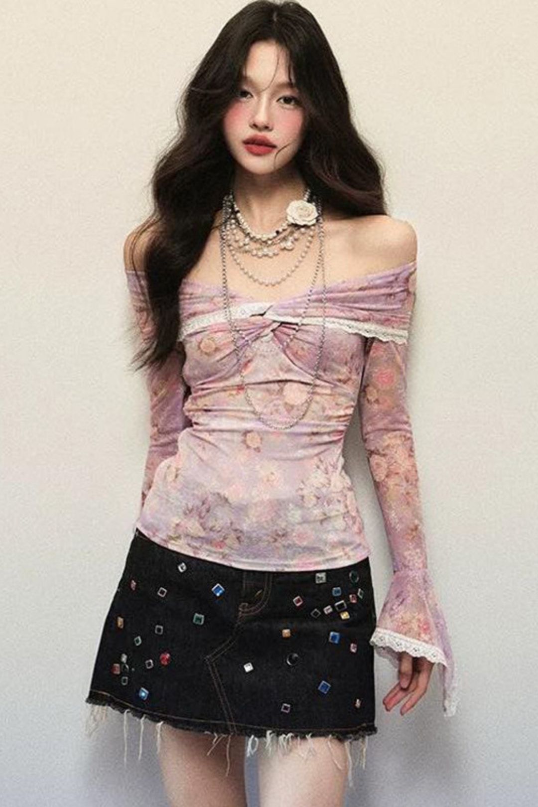 One-Shoulder Floral Print Ruffle Lace Mesh Long-Sleeved Top