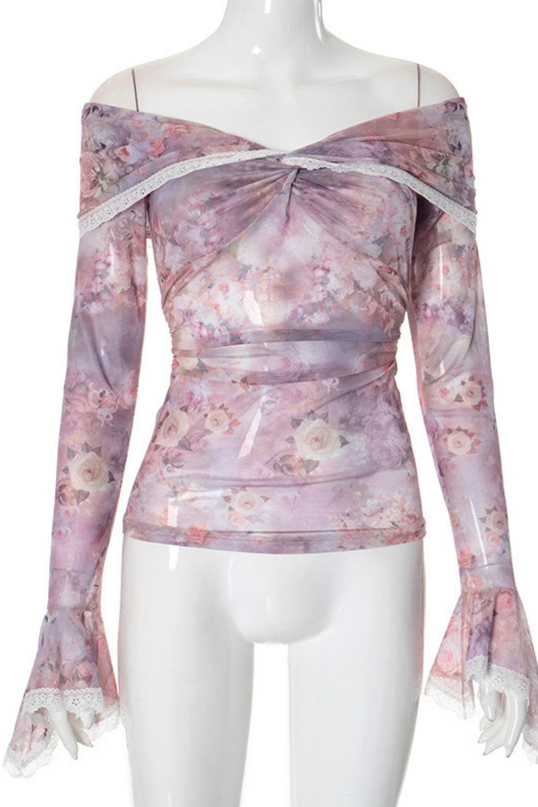 One-Shoulder Floral Print Ruffle Lace Mesh Long-Sleeved Top