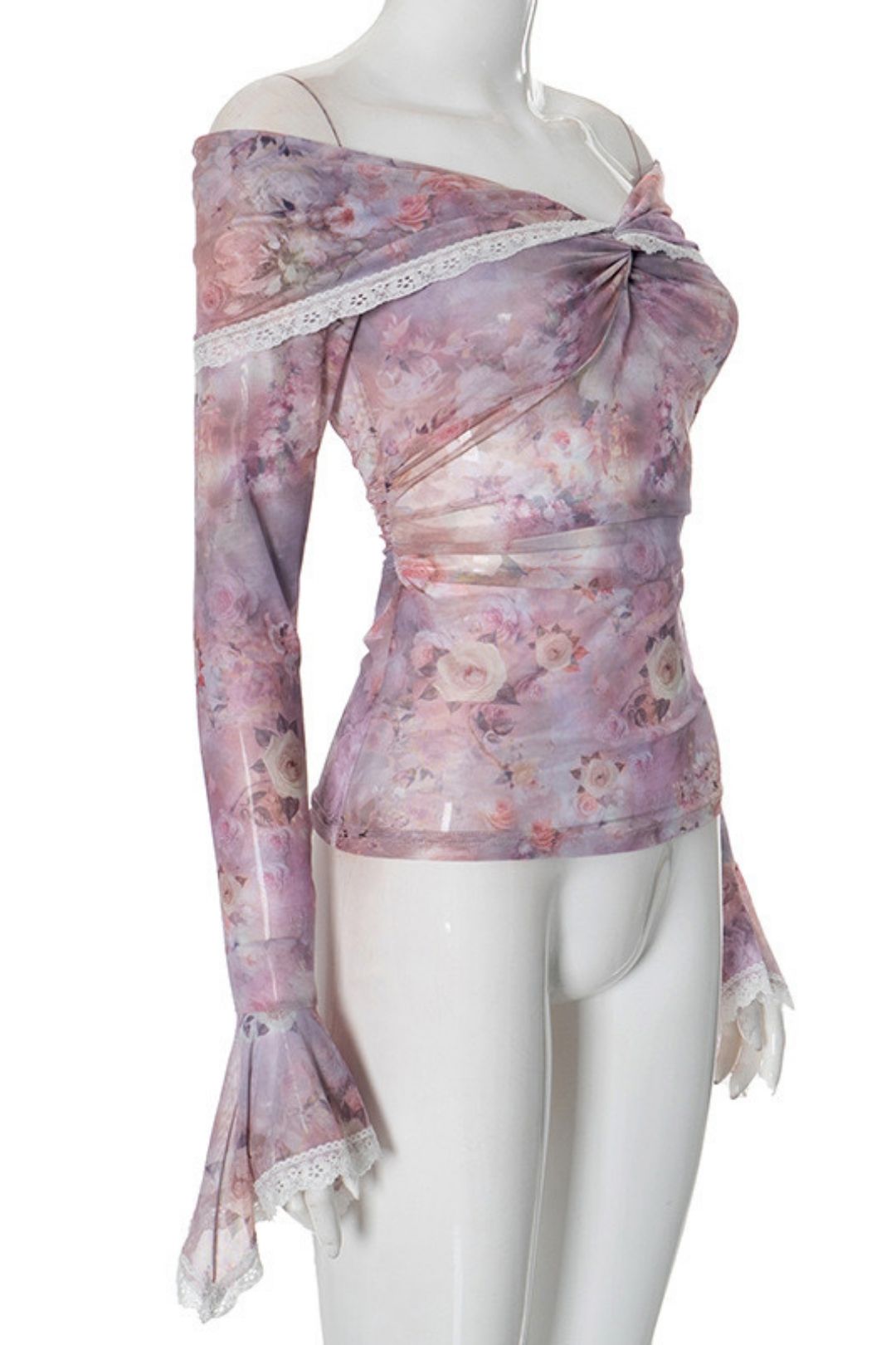 One-Shoulder Floral Print Ruffle Lace Mesh Long-Sleeved Top