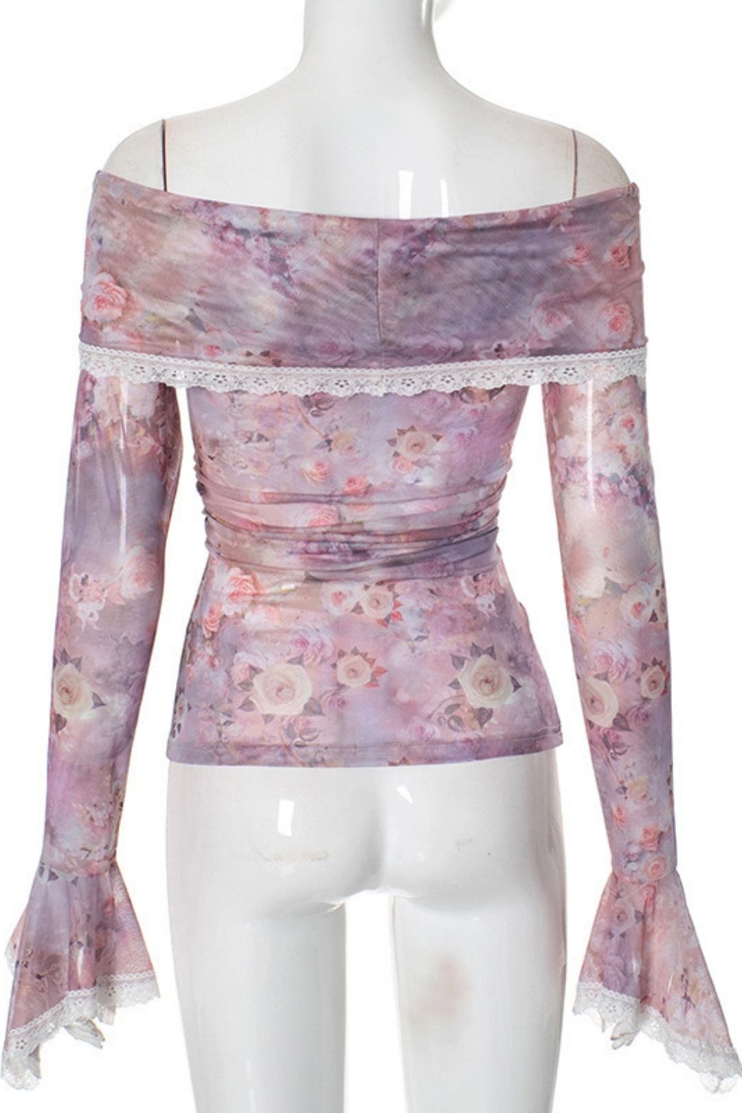 One-Shoulder Floral Print Ruffle Lace Mesh Long-Sleeved Top