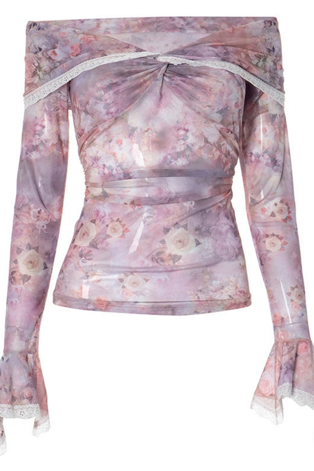 One-Shoulder Floral Print Ruffle Lace Mesh Long-Sleeved Top
