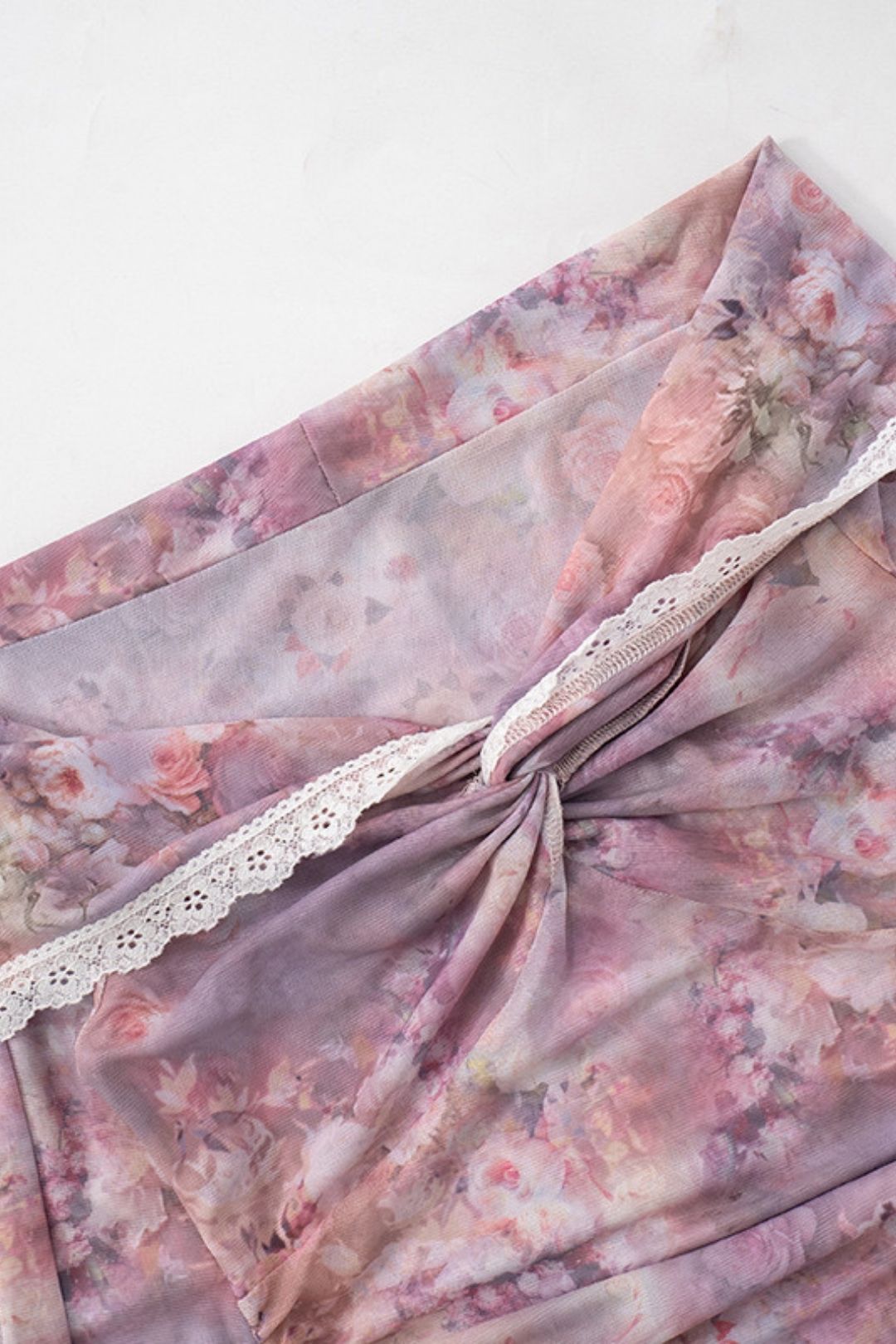 One-Shoulder Floral Print Ruffle Lace Mesh Long-Sleeved Top