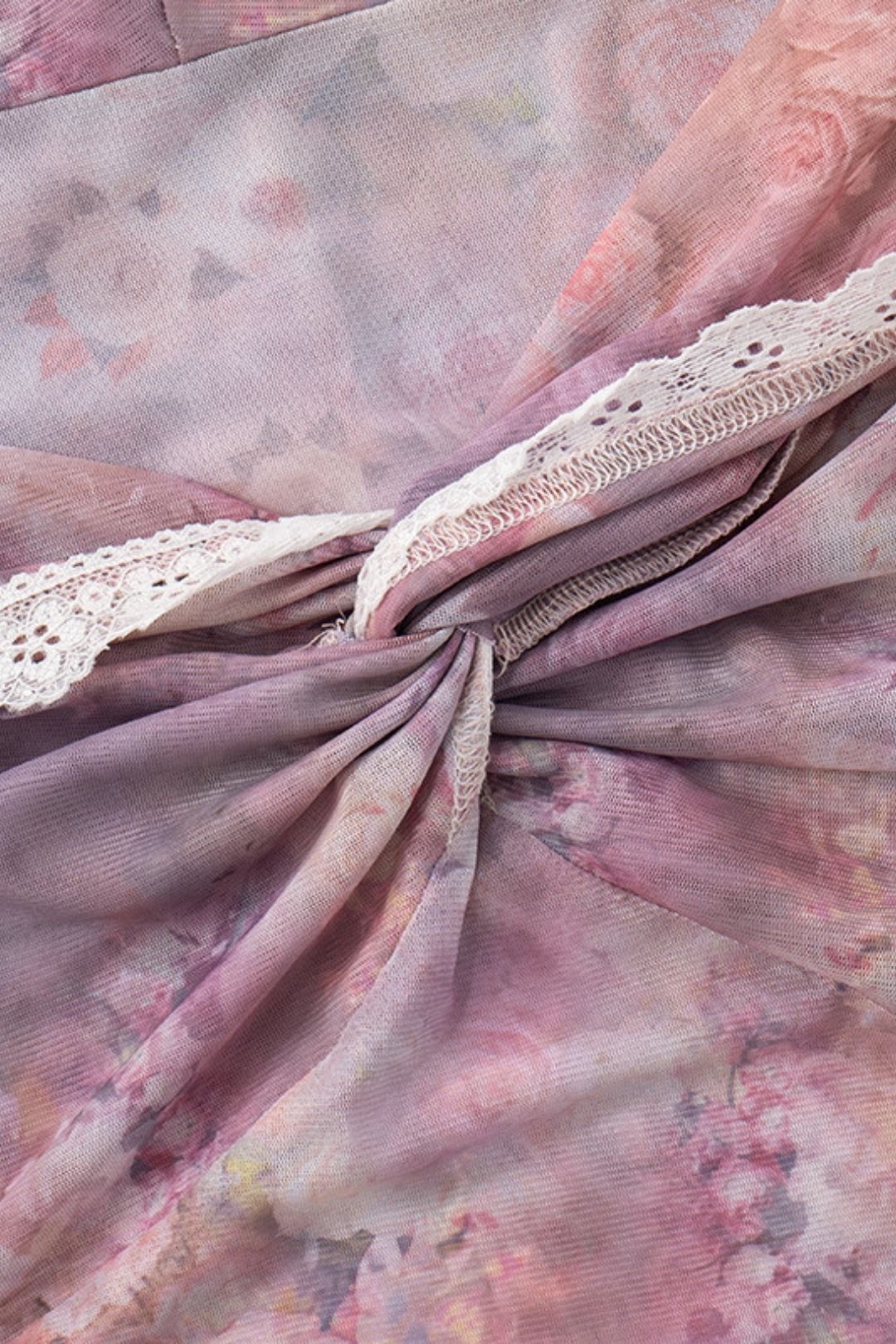 One-Shoulder Floral Print Ruffle Lace Mesh Long-Sleeved Top