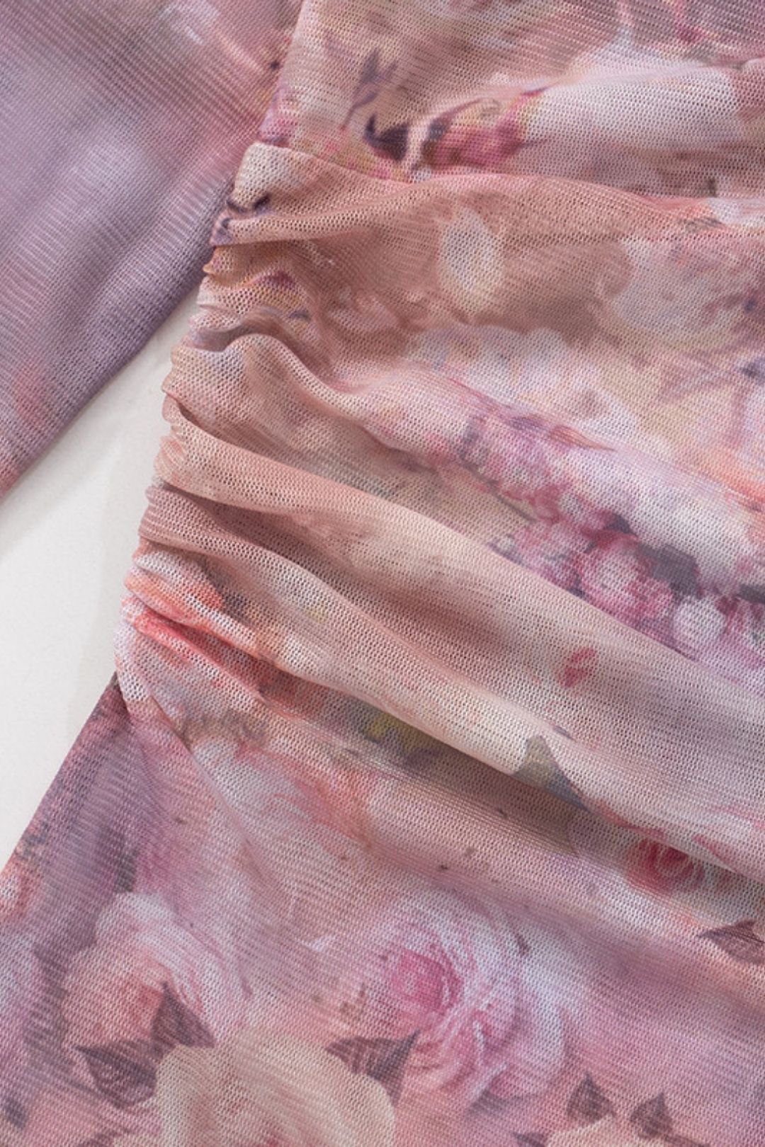 One-Shoulder Floral Print Ruffle Lace Mesh Long-Sleeved Top